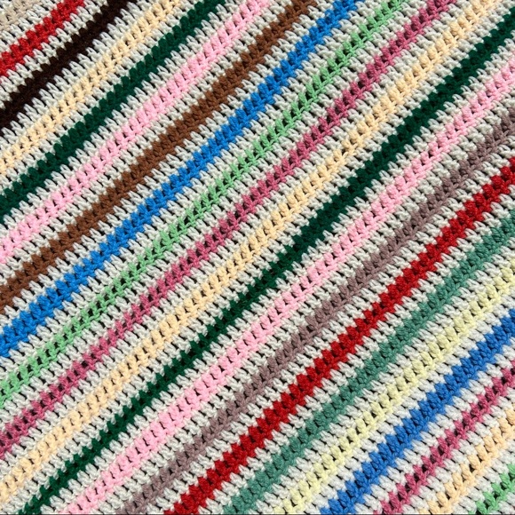 Vintage Handmade Rainbow Striped Granny Quilt Blanket